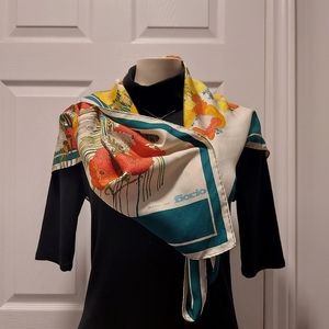 Fiorio Italy Vintage Green Trim Floral Design Silk Scarf